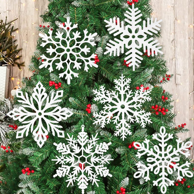 6pcs Large White Snowflakes Christmas Ornaments 12 Big Plastic Glitter Hanging Snow Flakes for Christmas Tree Decorations Winter Indoor Outdoor Window Home Decor Giant Craft Snowflakes