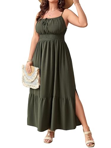 SCOMCHIC Plus Size Summer Boho Dresses Spaghetti Strap Sleeveless Casual Sundress Smocked Flowy Slit Beach Maxi Dress Green - Image 1