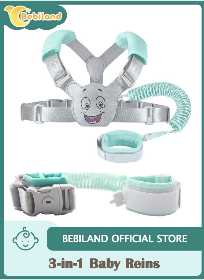 Bebiland 3-in-1 Baby Reins Walking Harness for Toddlers, Kids, Children, Anti Lost Safety Wrist Cuff with Lock / Backpack /1.5m Bungee Straps Link (Green/Grey)  - Image 1