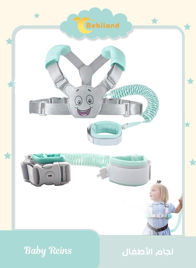 بيبي لاند حزام مشي  للاطفال الصغار والاطفال من بيبي رينز 3 في 1،  سوار معصم امن مضاد للضياع مع قفل / شنطة ظهر / وصلة احزمة مطاطية بطول 1.5 متر،( أخضر/رمادي) - Image 1