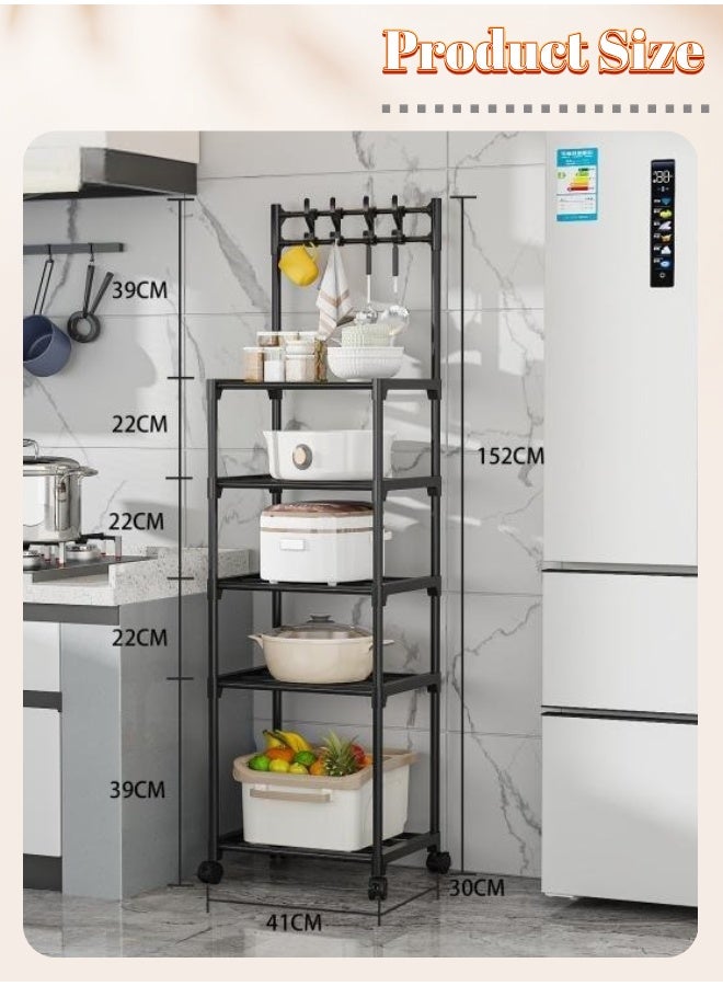 راكب تخزين مطبخ معدني متحرك ب 5 طوابق - أرفف تنظيم متعددة المناطق للمنزل والحمام والشرفة والحديقة (أسود) - Image 2