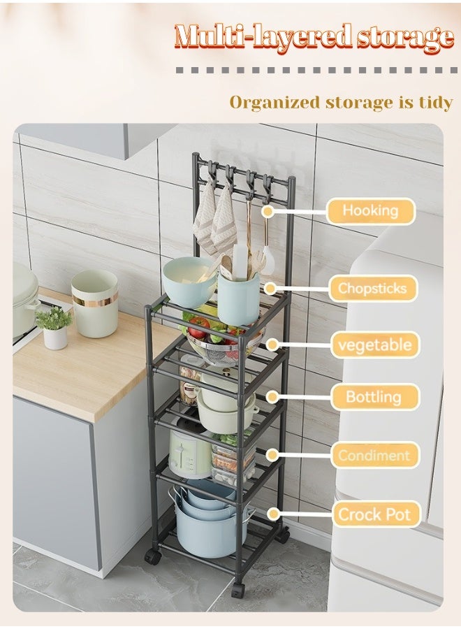 راكب تخزين مطبخ معدني متحرك ب 5 طوابق - أرفف تنظيم متعددة المناطق للمنزل والحمام والشرفة والحديقة (أسود) - Image 4