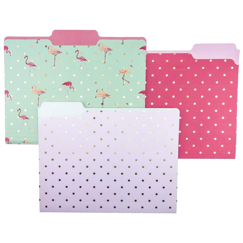 Graphique Flamingo Pink File Folder Set â€“ File Set Includes 9 Folders and 3 Unique Flamingo and Polka Dot Designs, Embellished w/ Gold Foil on Durable Triple-Scored Coated Cardstock, 11.75" x 9.5" - Image 1