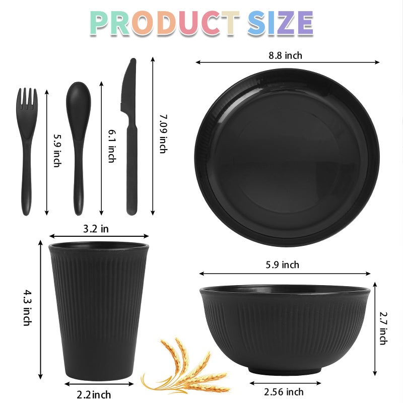 SHECIPIN 36 Pcs Wheat Straw Dinnerware Set,Dinnerware Sets for 6,Large Round Plates, Bowls and Cups, Unbreakable dish set, Dishwasher and Microwave Safe, Outdoor Camping Dishes (Black) - Image 2