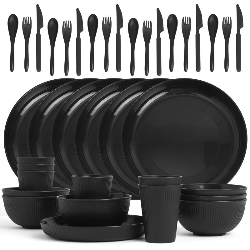 SHECIPIN 36 Pcs Wheat Straw Dinnerware Set,Dinnerware Sets for 6,Large Round Plates, Bowls and Cups, Unbreakable dish set, Dishwasher and Microwave Safe, Outdoor Camping Dishes (Black) - Image 1