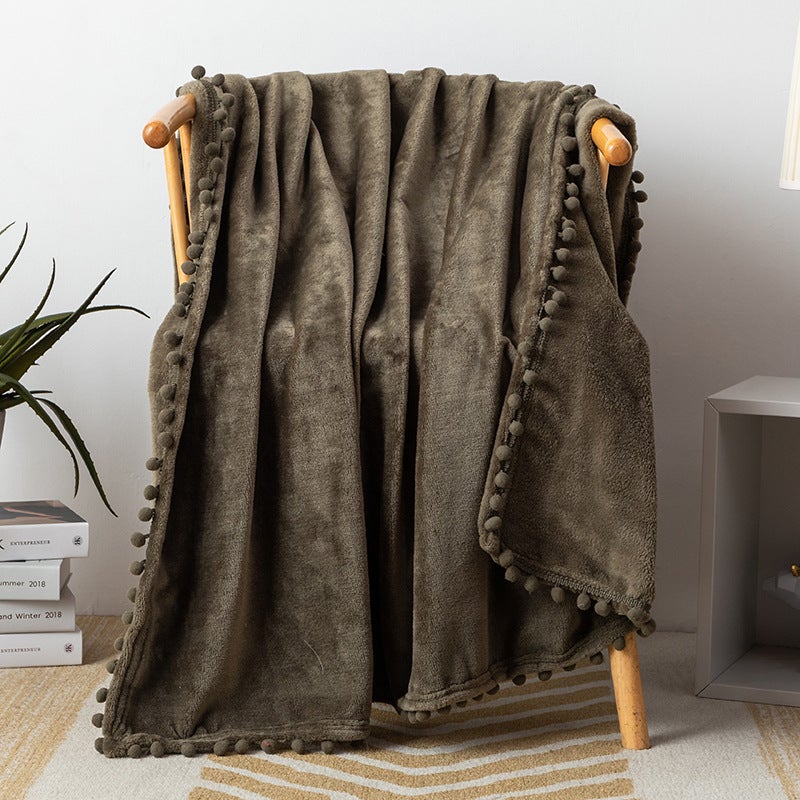 Fringe Pom-Pom Flannel Throw Blanket Solid Color Hiking Green 