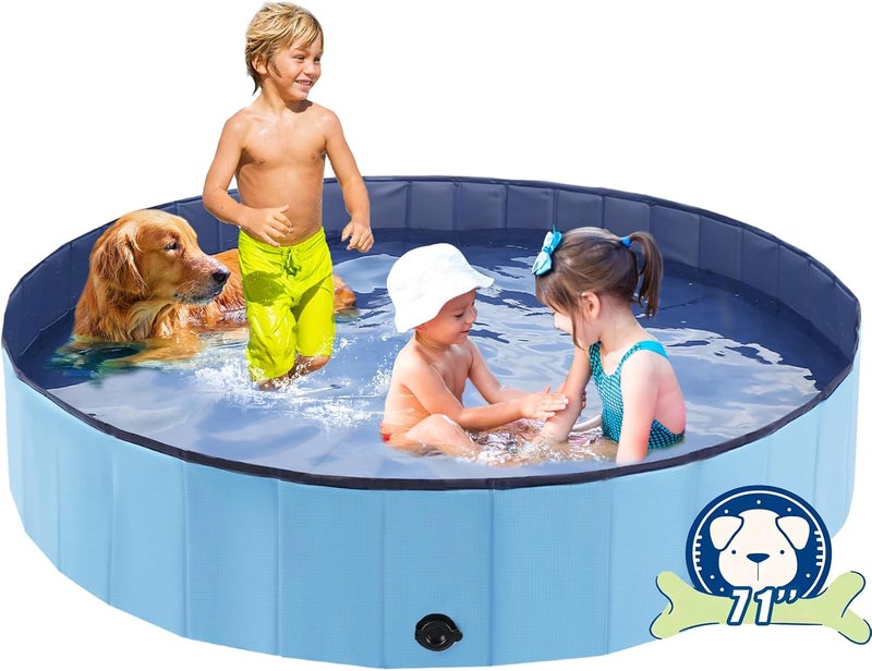 Eooqi Foldable Dog Pool, Portable Pet Bath Tub and Kiddie Swimming Pool, Collapsible Bathtub for Puppies, Small, Medium and Large Dogs, Cats and Kids, 71 x 12 in, Blue - Image 1
