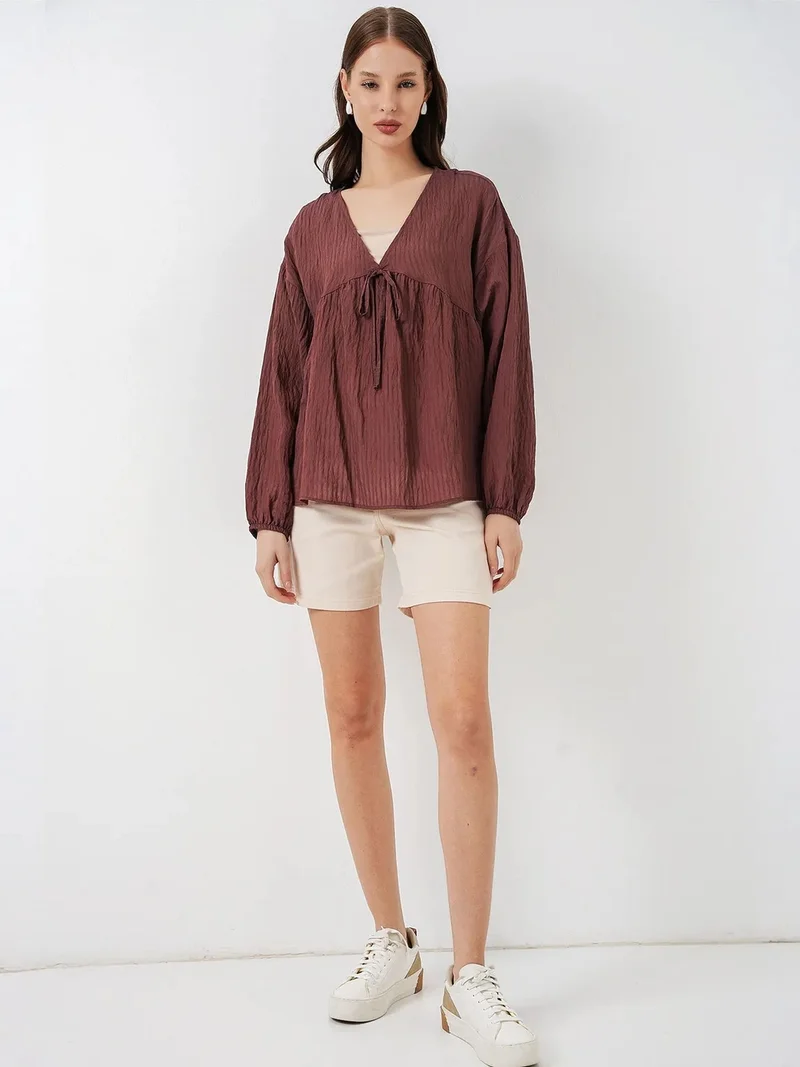 BIG DART BDART Textured Seersucker V-Neck Blouse with Bow Tie