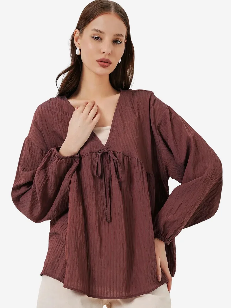 BIG DART BDART Textured Seersucker V-Neck Blouse with Bow Tie