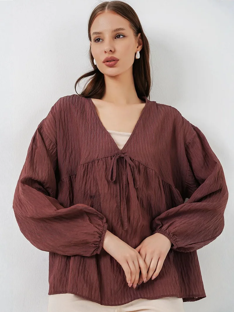 Big Dart Mocha Brown BDART Textured Seersucker V-Neck Blouse with Bow Tie for Women | Best Price UAE