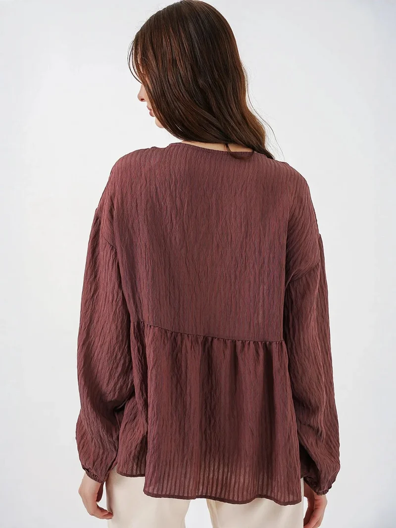 Big Dart Mocha Brown BDART Textured Seersucker V-Neck Blouse with Bow Tie for Women | Best Price UAE