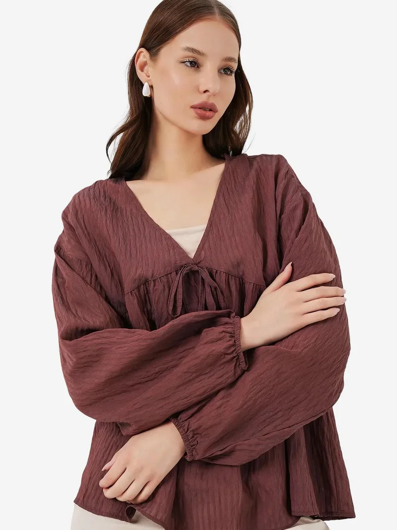 Big Dart Mocha Brown BDART Textured Seersucker V-Neck Blouse with Bow Tie for Women | Best Price UAE