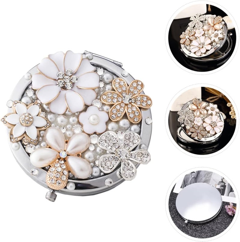 Beauty Diamond Flower Daily Decorative Compact Mirror Glass Purse Girl Re Mini Mirror, Woman Pearl Enlarge Magnifiers Kids Makeup Cosmetic Metal Pocket Decor Travel Magnification - Image 5