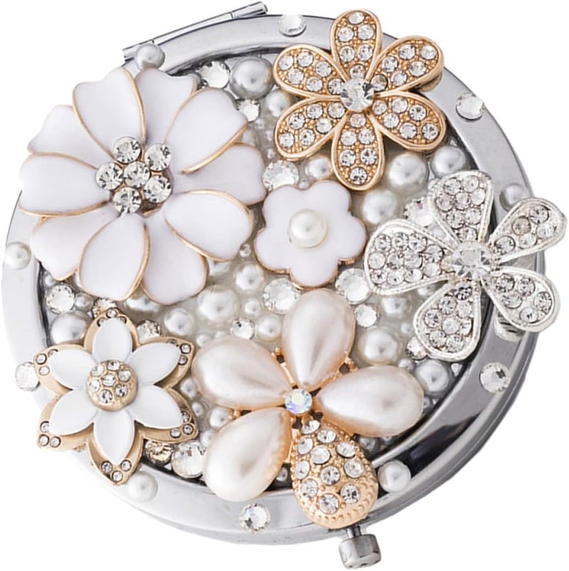 Beauty Diamond Flower Daily Decorative Compact Mirror Glass Purse Girl Re Mini Mirror, Woman Pearl Enlarge Magnifiers Kids Makeup Cosmetic Metal Pocket Decor Travel Magnification - Image 1