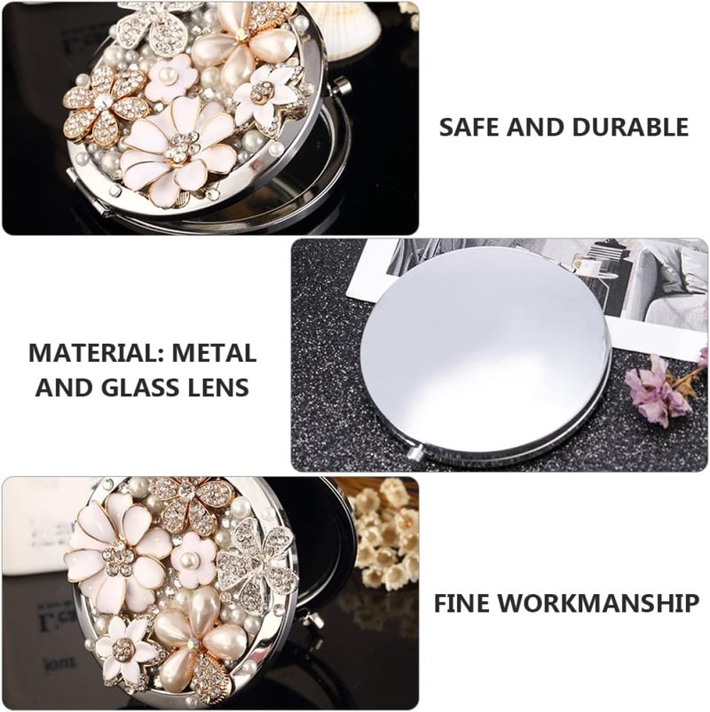 Beauty Diamond Flower Daily Decorative Compact Mirror Glass Purse Girl Re Mini Mirror, Woman Pearl Enlarge Magnifiers Kids Makeup Cosmetic Metal Pocket Decor Travel Magnification - Image 4