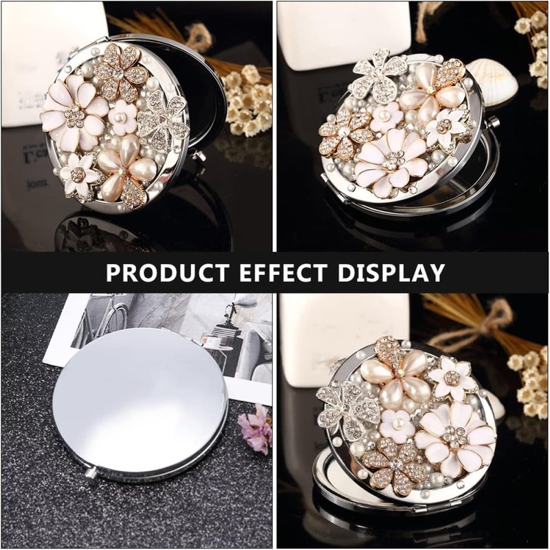 Beauty Diamond Flower Daily Decorative Compact Mirror Glass Purse Girl Re Mini Mirror, Woman Pearl Enlarge Magnifiers Kids Makeup Cosmetic Metal Pocket Decor Travel Magnification - Image 3