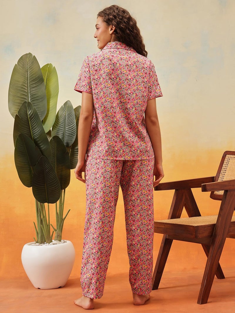 Clovia Women's Cotton Floral Printed Button Down Shirt & Pyjama Set (LS0264D14_Pink_XXL) - Image 3
