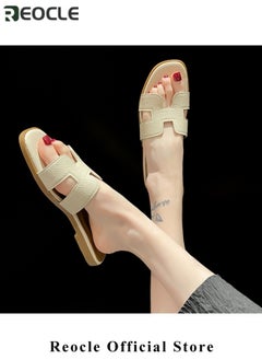 REOCLE Women's Sandals Slip On Leather Slide Sandals Summer Sandals Comfortable Flat Dress Sandals Fashion Open Toe Sandal  - Image 3