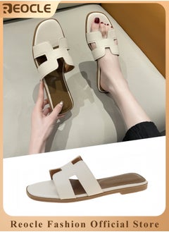 REOCLE Women's Sandals Slip On Leather Slide Sandals Summer Sandals Comfortable Flat Dress Sandals Fashion Open Toe Sandal  - Image 1