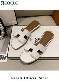 REOCLE Women's Sandals Slip On Leather Slide Sandals Summer Sandals Comfortable Flat Dress Sandals Fashion Open Toe Sandal  - Image 5