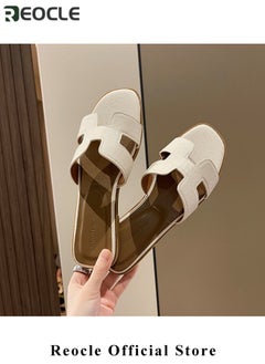 REOCLE Women's Sandals Slip On Leather Slide Sandals Summer Sandals Comfortable Flat Dress Sandals Fashion Open Toe Sandal  - Image 4