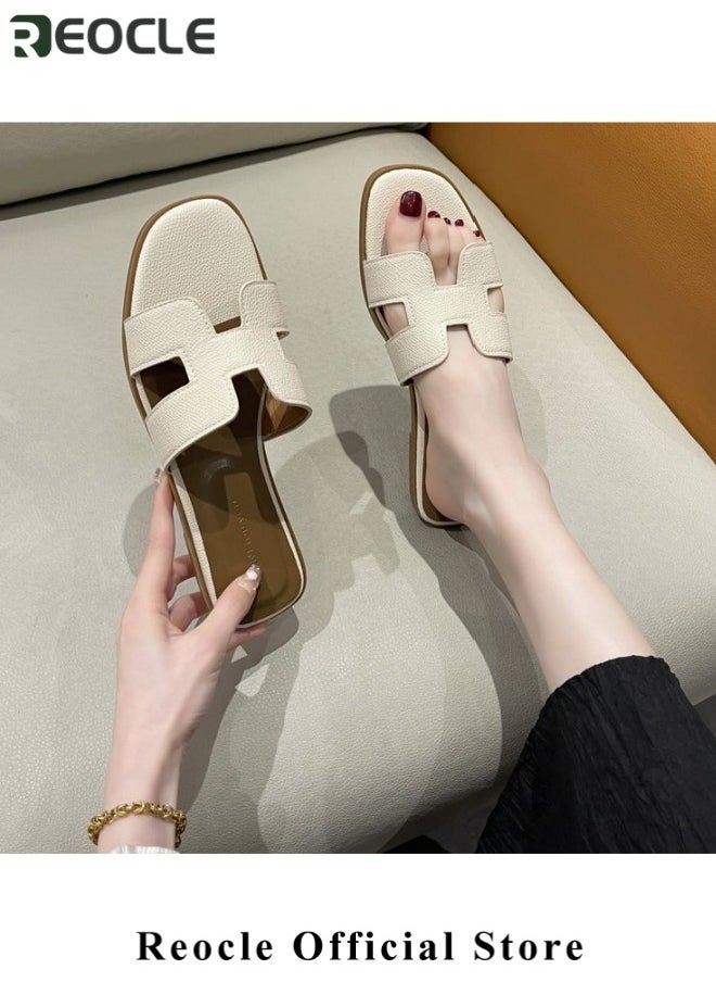 ريوكل صنادل نسائية صنادل جلدية مسطحة مريحة صنادل مسطحة مريحة ومفتوحة من الأمام  - Image 2