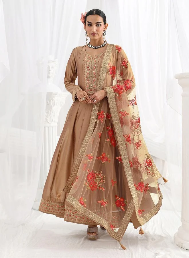 Libas Beige Embroidered Silk Blend A-Line Gown