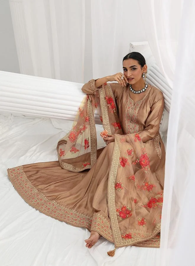 Libas Beige Embroidered Silk Blend A-Line Gown
