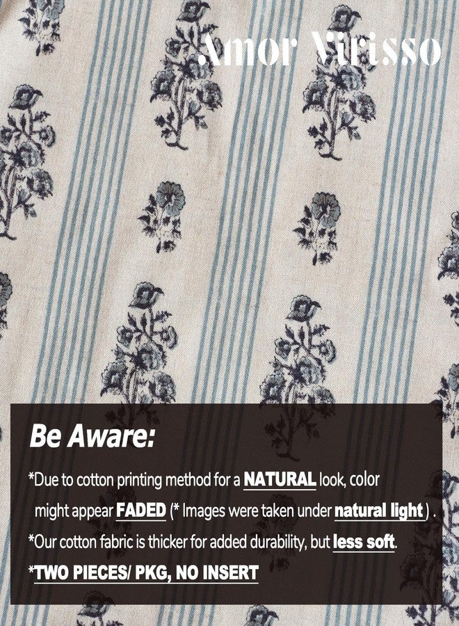 Amor Virisso Floral Throw Pillow Covers 24x24 Set of 2 Block Print Pillow Covers Neutral Floral Striped Farmhouse Decorative Pillow Covers for Sofa Couch Bed, Light Blue - Image 4