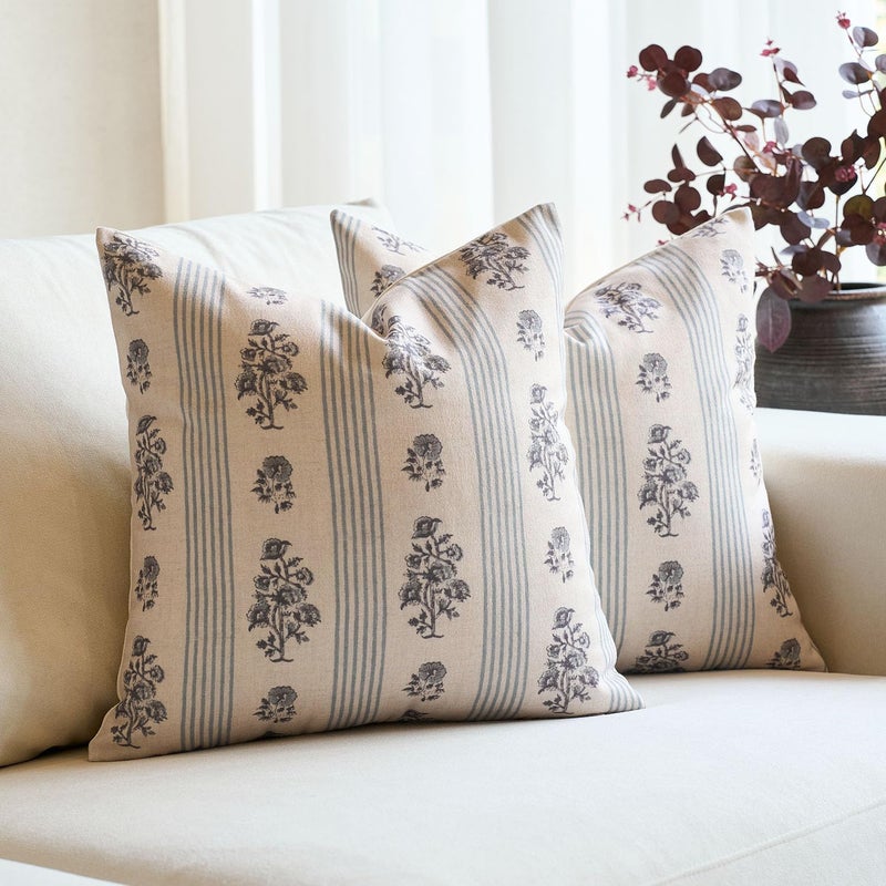 Amor Virisso Floral Throw Pillow Covers 24x24 Set of 2 Block Print Pillow Covers Neutral Floral Striped Farmhouse Decorative Pillow Covers for Sofa Couch Bed, Light Blue - Image 1
