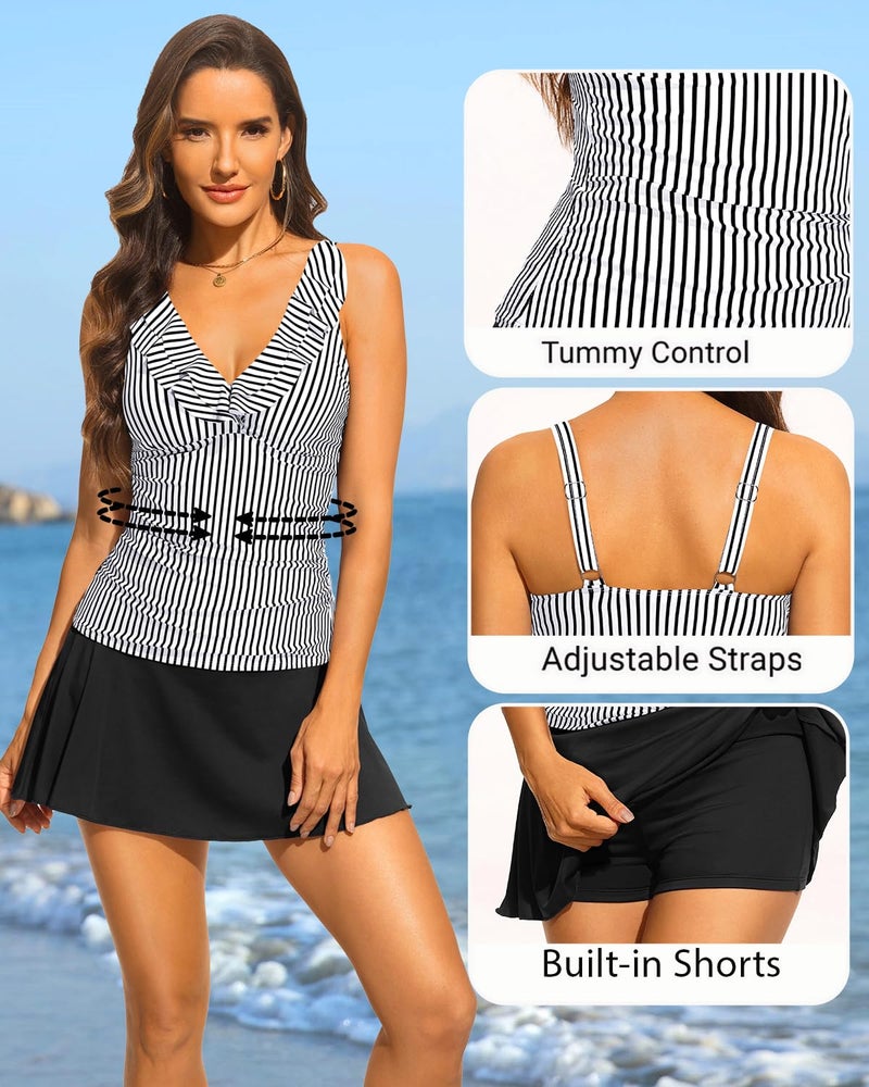 Aqua Eve Women Tankini with Skirt - Tummy Control Swimsuit Two Piece Bathing Suit Ruffle Swimwear Ladies Swim Suit Stripe and Black L - Image 5