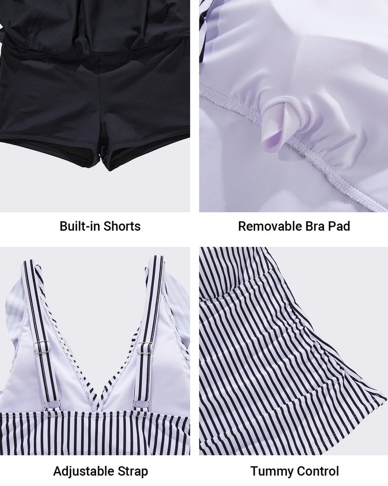 Aqua Eve Women Tankini with Skirt - Tummy Control Swimsuit Two Piece Bathing Suit Ruffle Swimwear Ladies Swim Suit Stripe and Black L - Image 4