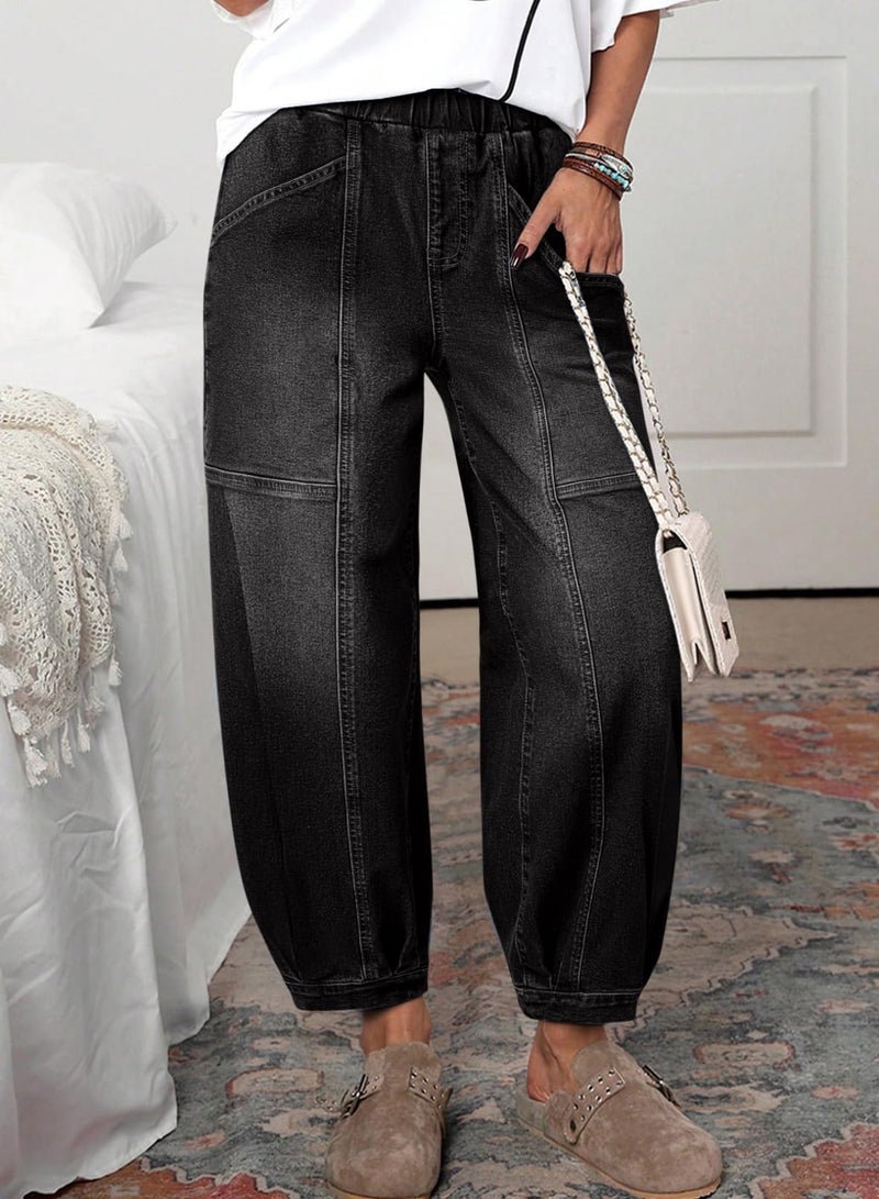 Sidefeel Barrel Jeans for Women Trendy Wide Leg High Waisted Cropped Baggy Relax Fit Stretch Pocketed Denim Ankle Pants Black Size 14 - Image 2