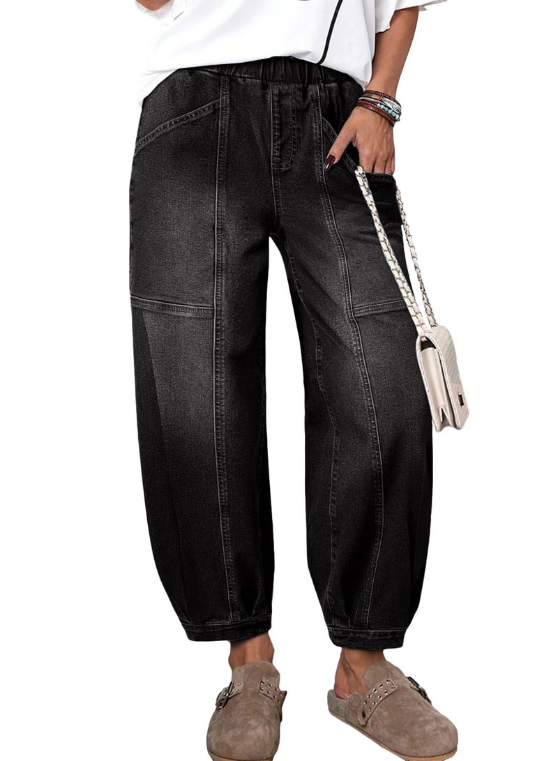 Sidefeel Barrel Jeans for Women Trendy Wide Leg High Waisted Cropped Baggy Relax Fit Stretch Pocketed Denim Ankle Pants Black Size 14 - Image 1