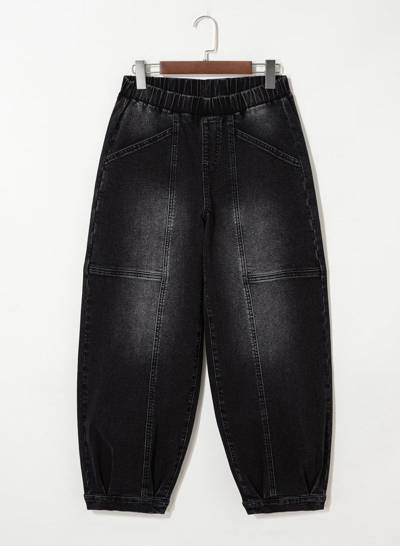 Sidefeel Barrel Jeans for Women Trendy Wide Leg High Waisted Cropped Baggy Relax Fit Stretch Pocketed Denim Ankle Pants Black Size 14 - Image 5