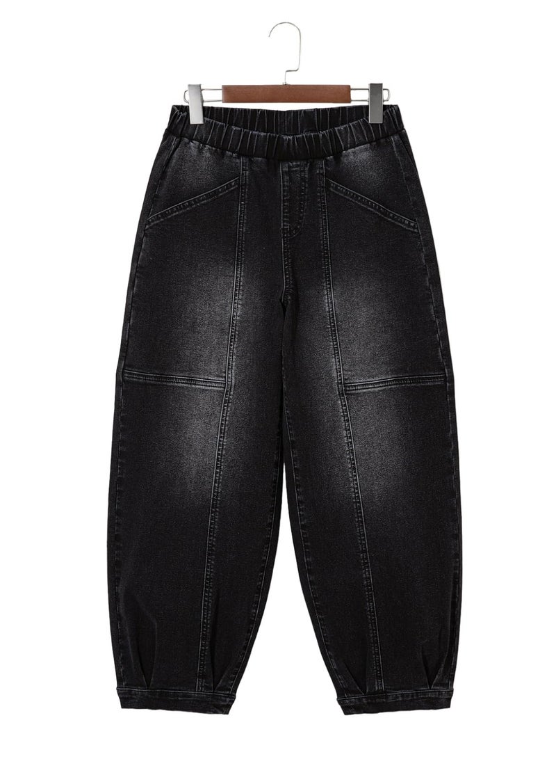 Sidefeel Barrel Jeans for Women Trendy Wide Leg High Waisted Cropped Baggy Relax Fit Stretch Pocketed Denim Ankle Pants Black Size 14 - Image 4