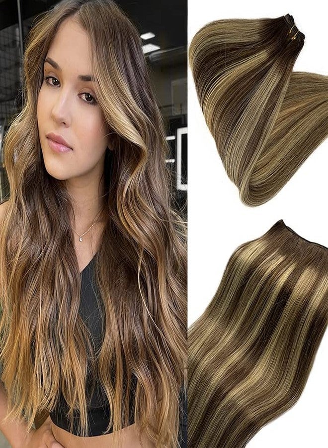 Smartinnov Ombre Blonde Sew in Hair Extensions Real Human Hair 120G 24Inch Long #4/27 Hand Tied Weft Hair Extensions Light Brown Balayage Honey Blonde Sew in Weft Hair Double Weft Hand Tied Weft Hair Extension - Image 1