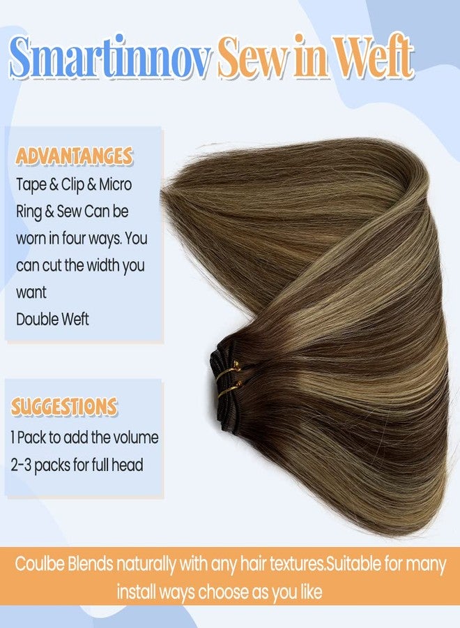 Smartinnov Ombre Blonde Sew in Hair Extensions Real Human Hair 120G 24Inch Long #4/27 Hand Tied Weft Hair Extensions Light Brown Balayage Honey Blonde Sew in Weft Hair Double Weft Hand Tied Weft Hair Extension - Image 3
