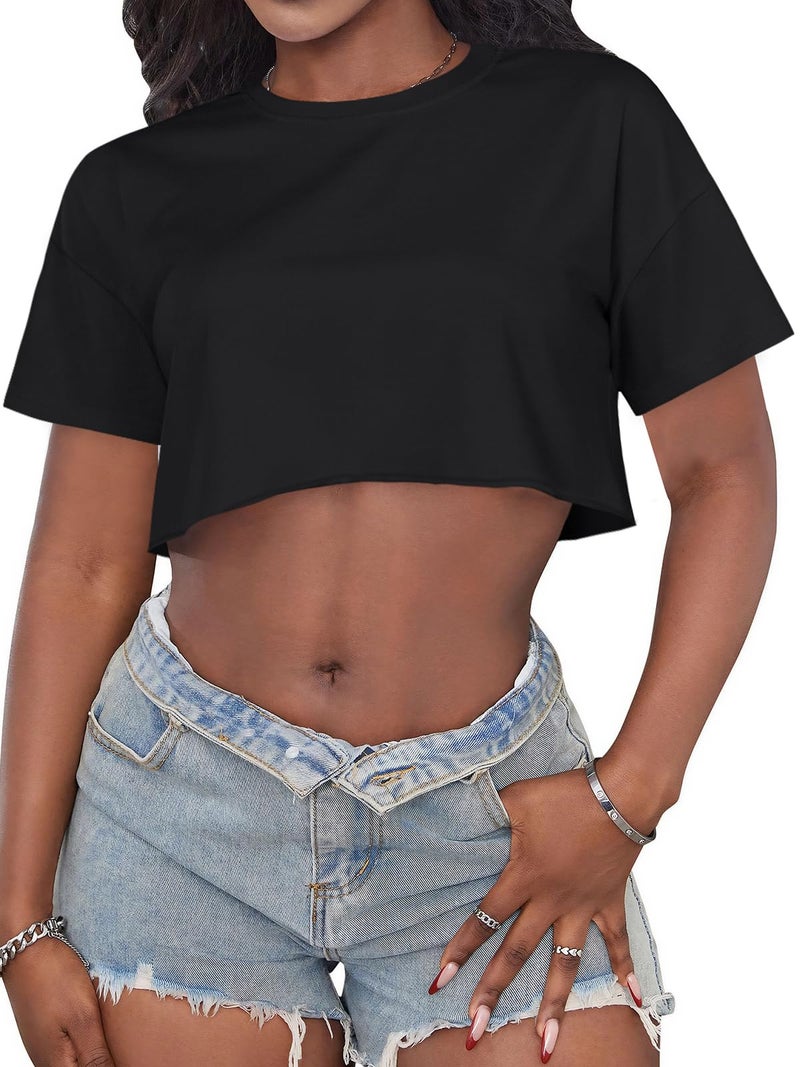 CHICGAL Crop Tops for Women Casual Short Sleeve T Shirts Summer Basic Top Crew Neck Oversized Cropped Tees(Black, S) - Image 1