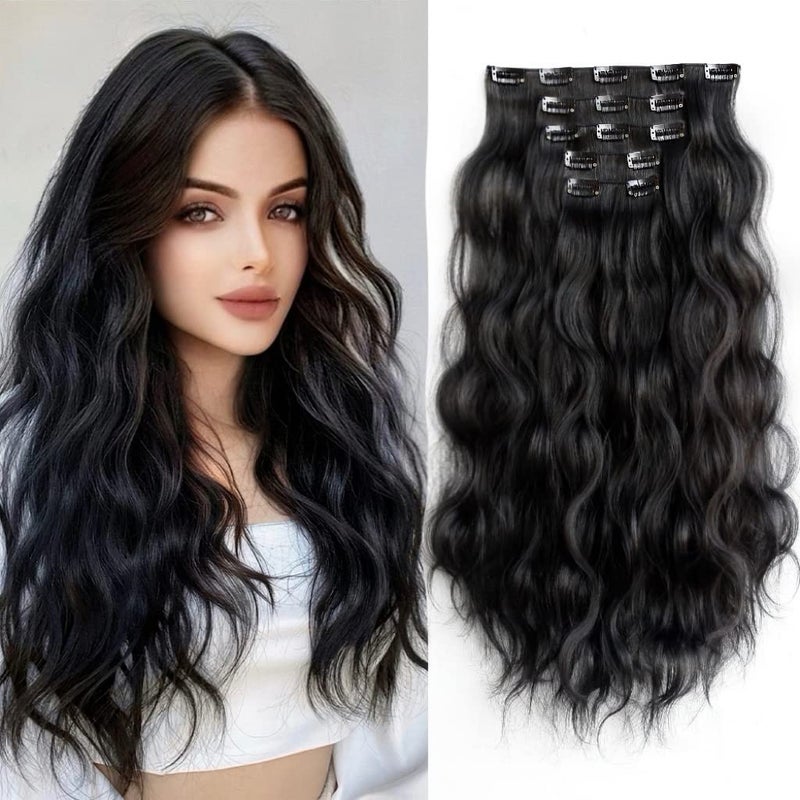 Natural Black Wavy Clip in Hair Extensions 18" Long Synthetic Clips on HairPieces for Women 5PCS Curly Invisible Thick Full Head Heat Resistant for Weddings Party Daily Use 5 Oz