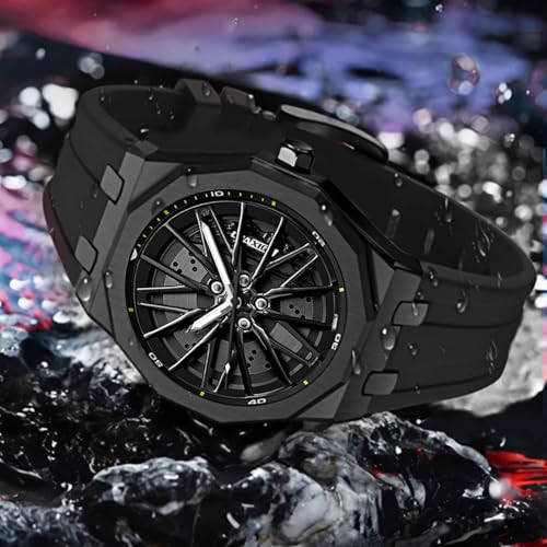 Gosasa Men’s Fashion Racing Wheel Design Watch Creative 3D Spinning Car Wheel Rotating Luminous Quartz Watches 30M Waterproof Sports Wristwatch with Rubber Strap (Black) - Image 2