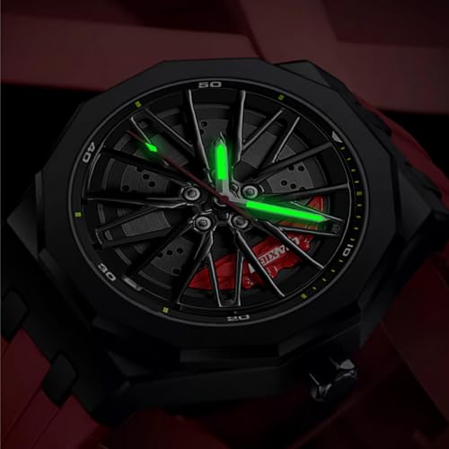 Gosasa Men’s Fashion Racing Wheel Design Watch Creative 3D Spinning Car Wheel Rotating Luminous Quartz Watches 30M Waterproof Sports Wristwatch with Rubber Strap (Black) - Image 3