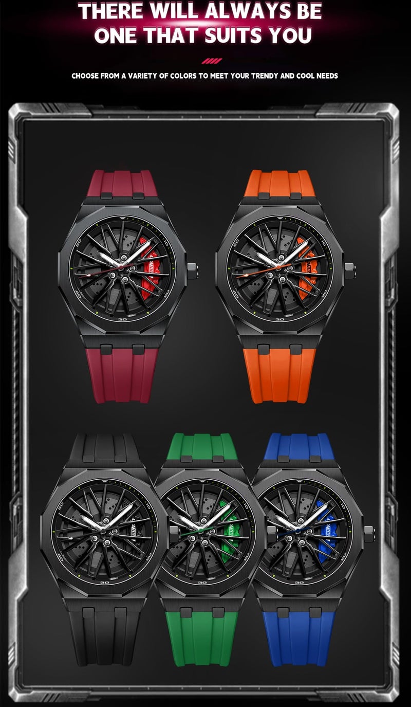 Gosasa Men’s Fashion Racing Wheel Design Watch Creative 3D Spinning Car Wheel Rotating Luminous Quartz Watches 30M Waterproof Sports Wristwatch with Rubber Strap (Black) - Image 4