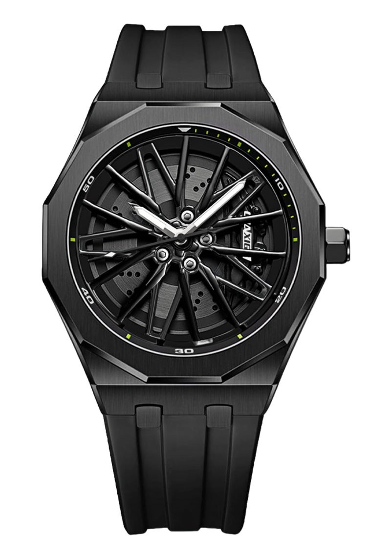 Gosasa Men’s Fashion Racing Wheel Design Watch Creative 3D Spinning Car Wheel Rotating Luminous Quartz Watches 30M Waterproof Sports Wristwatch with Rubber Strap (Black) - Image 5