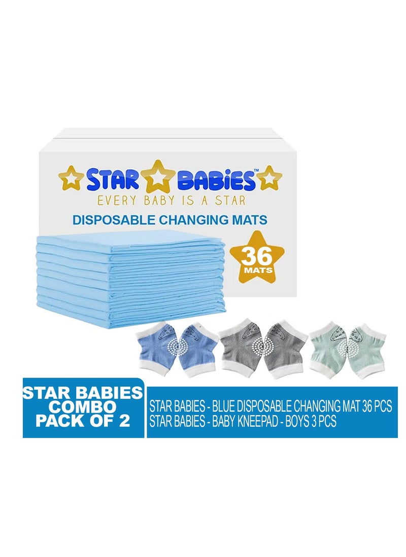 STAR BABiES ستار بيبيز - عبوة كومبو من قطعتين - عبوة من 36 قطعة من بساط تغيير الحفاضات للاستخدام مرة واحدة مع واقي ركبة للرضع - أزرق  - Image 2