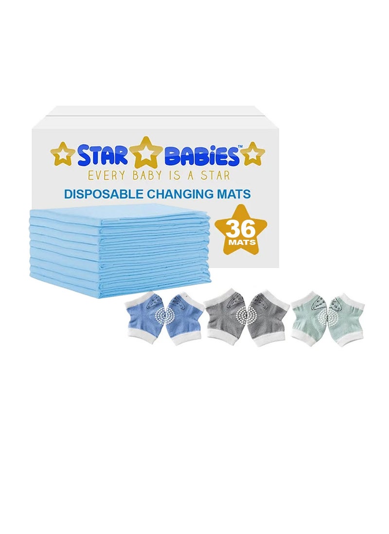 STAR BABiES ستار بيبيز - عبوة كومبو من قطعتين - عبوة من 36 قطعة من بساط تغيير الحفاضات للاستخدام مرة واحدة مع واقي ركبة للرضع - أزرق  - Image 1