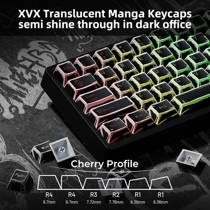 GMKWTL أغطية مفاتيح XVX شفافة سوداء، مجموعة أغطية مفاتيح PBT ببروفايل Cherry، أغطية مفاتيح لوحة مفاتيح جرافيتي بالطباعة التسامية مناسبة لمفاتيح MX بنسب 60% 65% 75% 80% 100% للوحات المفاتيح الميكانيكية - Image 5