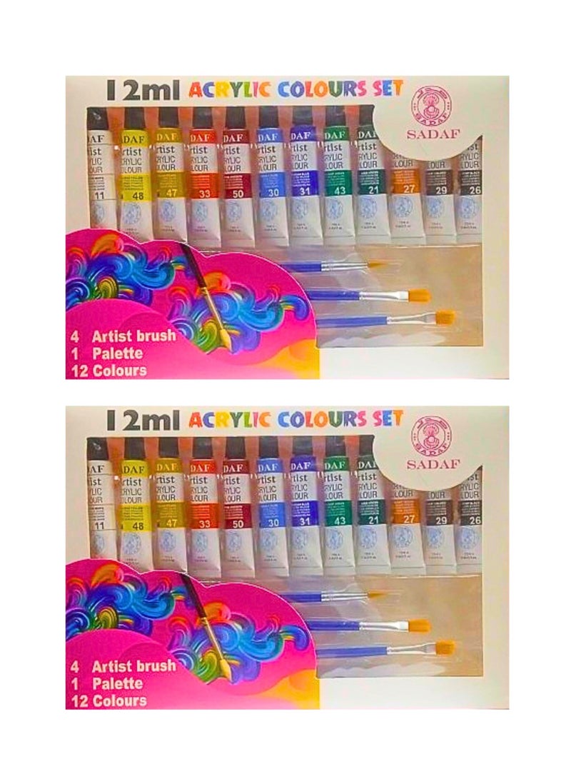 Sadaf مجموعة ألوان أكريليك 12 مل 12 لون مع فرشاة ولوحة بلاستيكية 2-مجموعة - Image 1