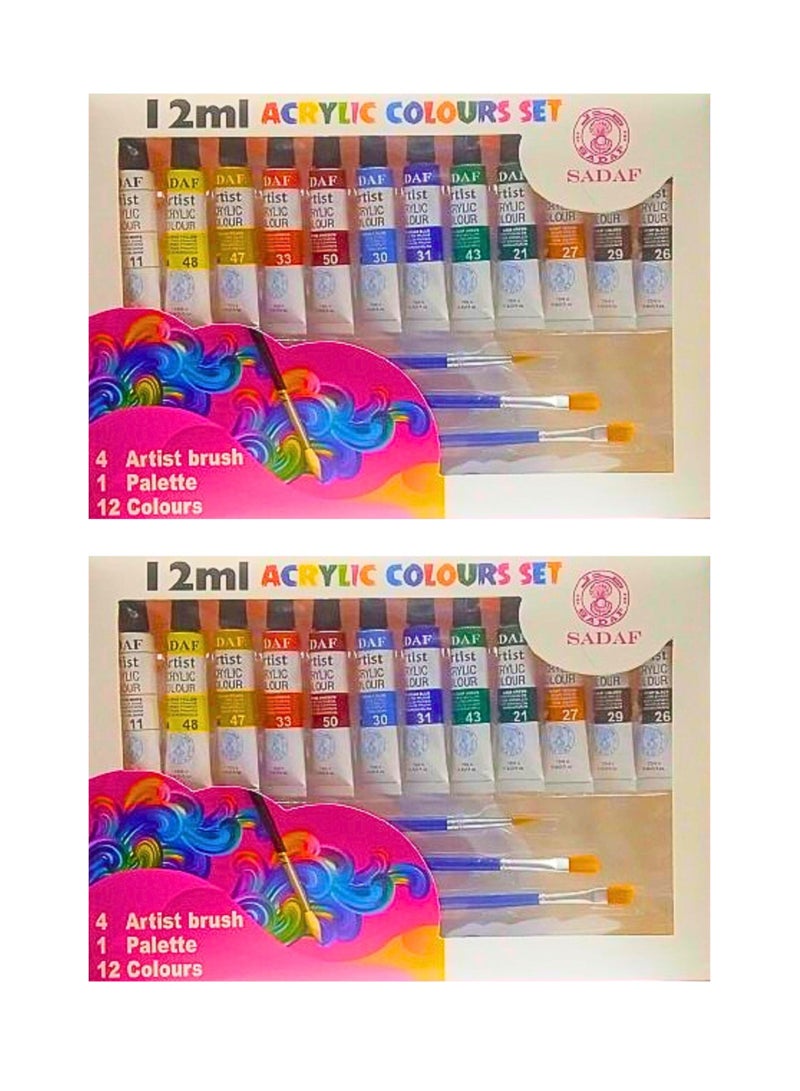 Sadaf مجموعة ألوان أكريليك 12 مل 12 لون مع فرشاة ولوحة بلاستيكية 2-مجموعة - Image 2