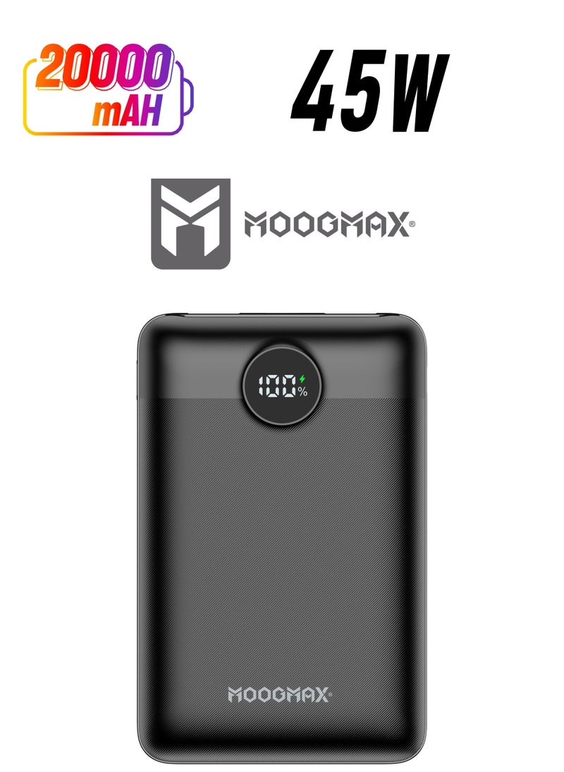 موجماكس - باور بنك سوبر سمول سايز بسعة 20000mAh وقوة 45واط، يدعم الشحن السريع ,مزود بشاشة رقمية LED لمعرفة مستوى الشحن، يمكن استخدامه على الطائرات والقطارات. باللون اسود من موجماكس. - Image 1